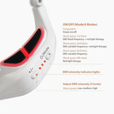 White and pink wearable device with EMS and red light therapy, adjustable intensity, close-up view