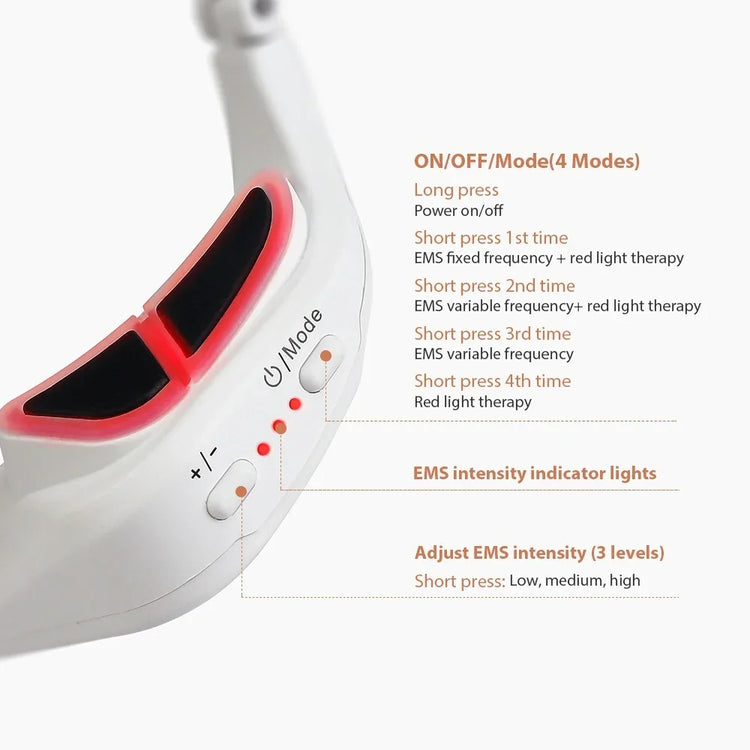 White and pink wearable device with EMS and red light therapy, adjustable intensity, close-up view