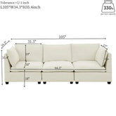 Modern cream-colored sectional sofa, fabric upholstery, deep cushions, roomy fit, measurements shown