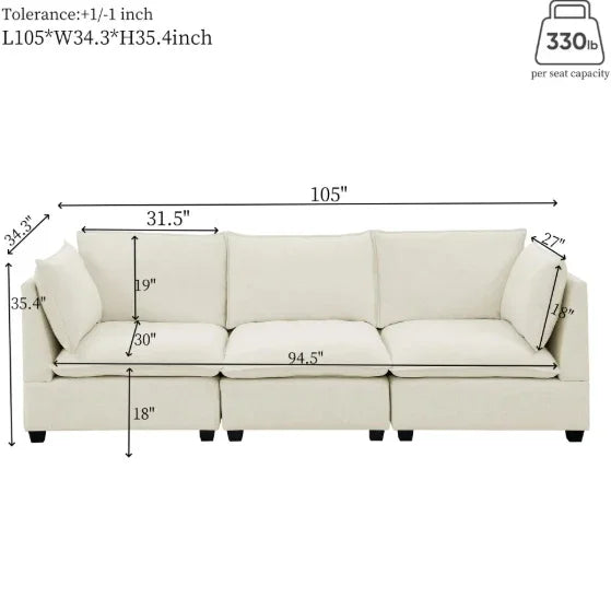 Modern cream-colored sectional sofa, fabric upholstery, deep cushions, roomy fit, measurements shown