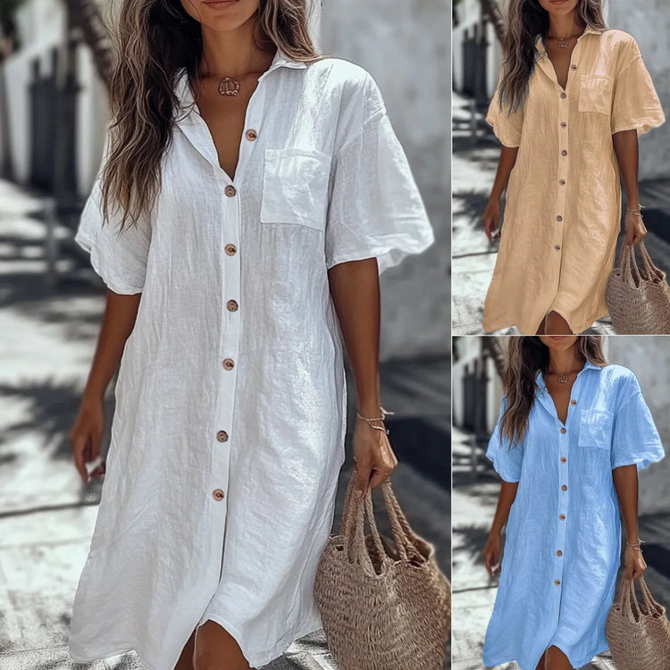 Casual loose-fit button-down shirt dress in white, beige, and blue linen with short sleeves