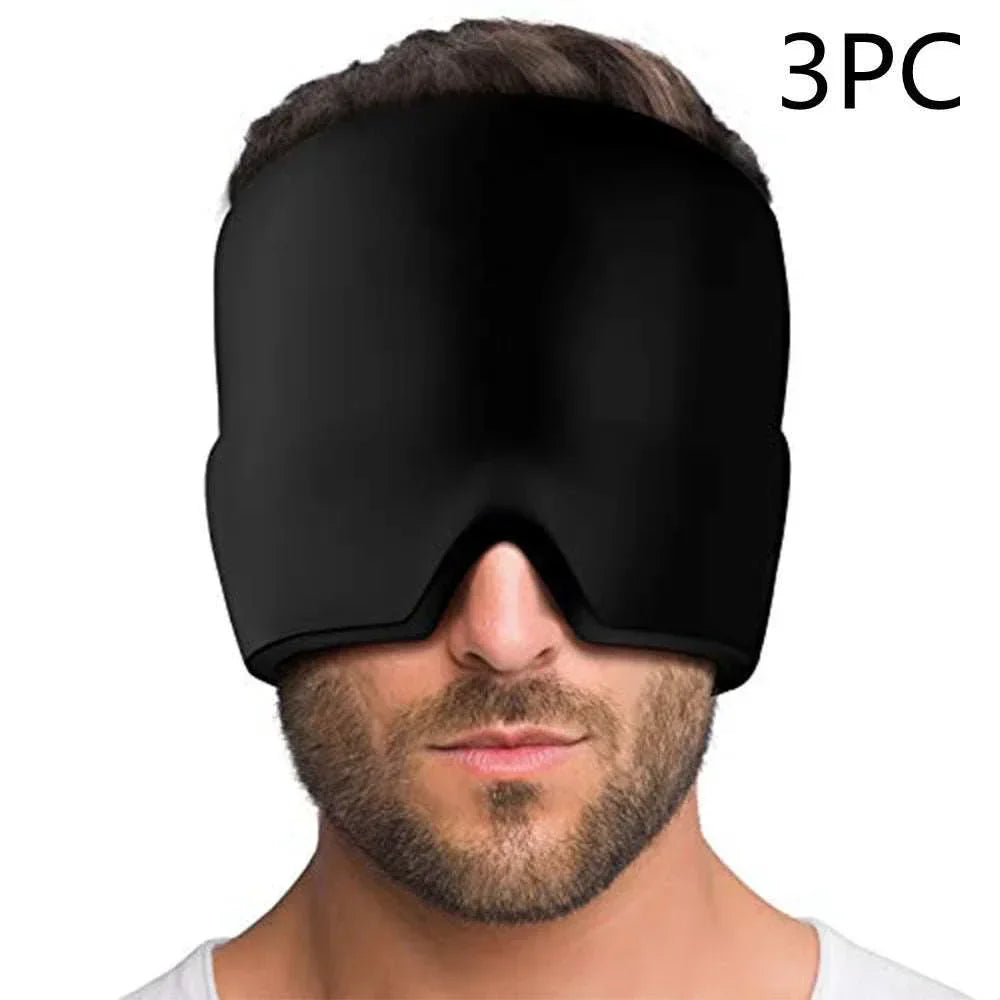 Man wearing oversized black sleep mask, soft adjustable fabric, modern streetwear style