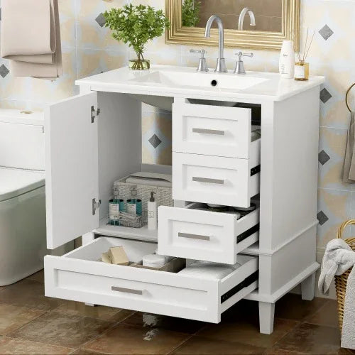 Modern white bathroom vanity with drawers and open cabinet, sleek design and glossy finish