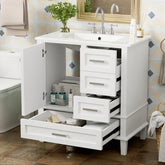 Modern white bathroom vanity with drawers and open cabinet, sleek design and glossy finish