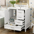 Modern white bathroom vanity with drawers and open cabinet, sleek design and glossy finish