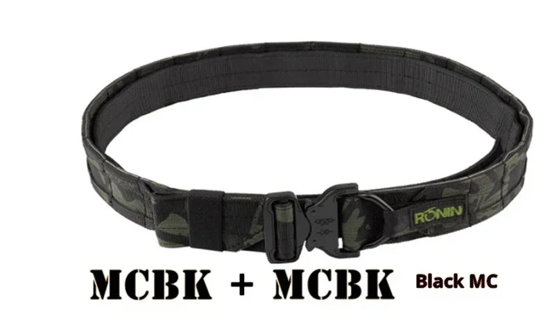 Black tactical streetwear belt with camouflage pattern and quick-release buckle, durable nylon material, modern fit.