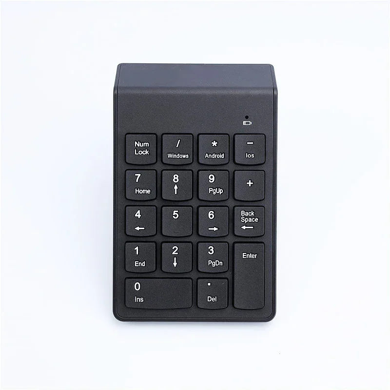 Black wireless numeric keypad with various function keys, compact and modern design