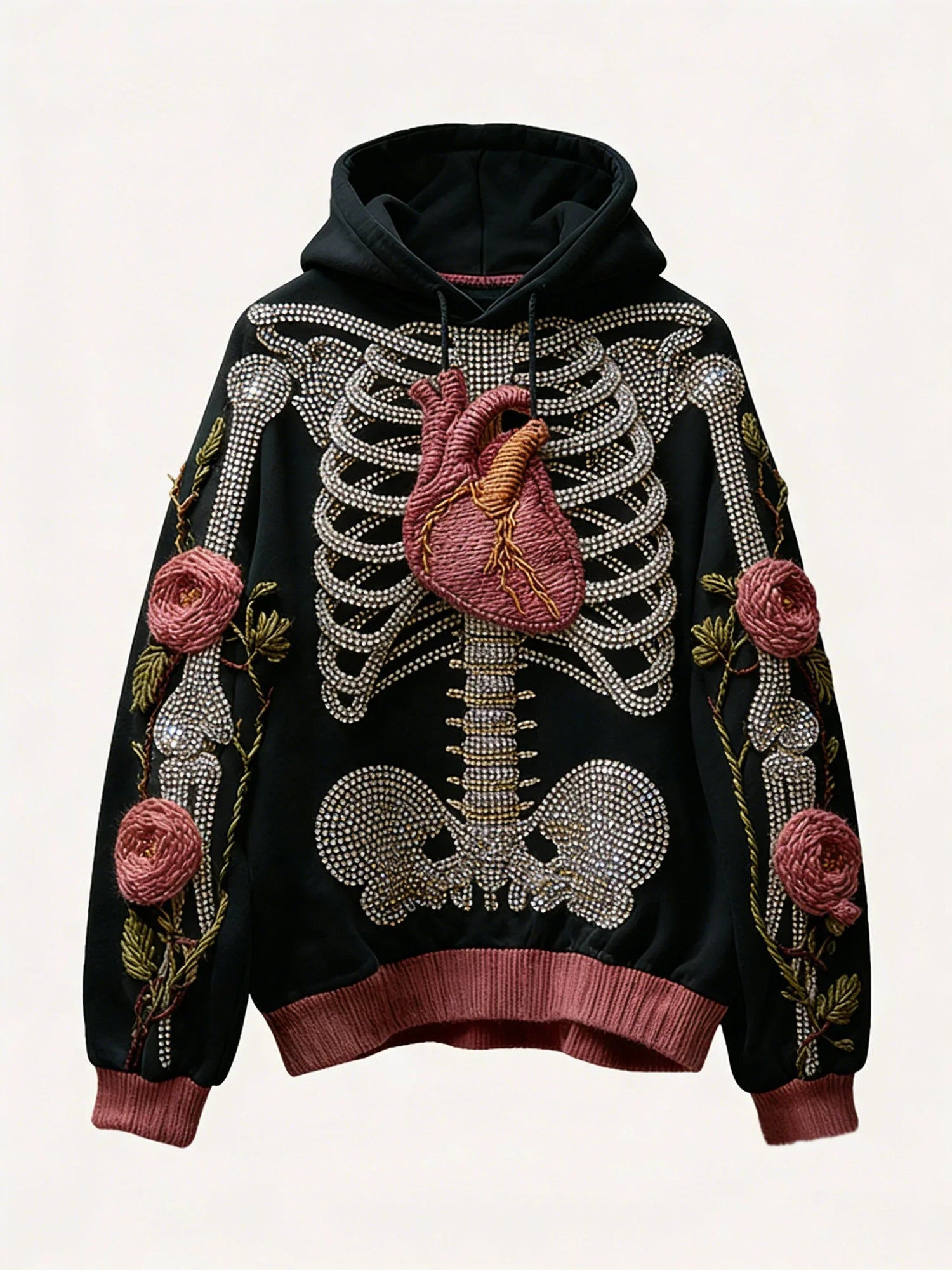 Black hoodie with 3D embroidered skeleton, heart, and floral rose details, relaxed fit.
