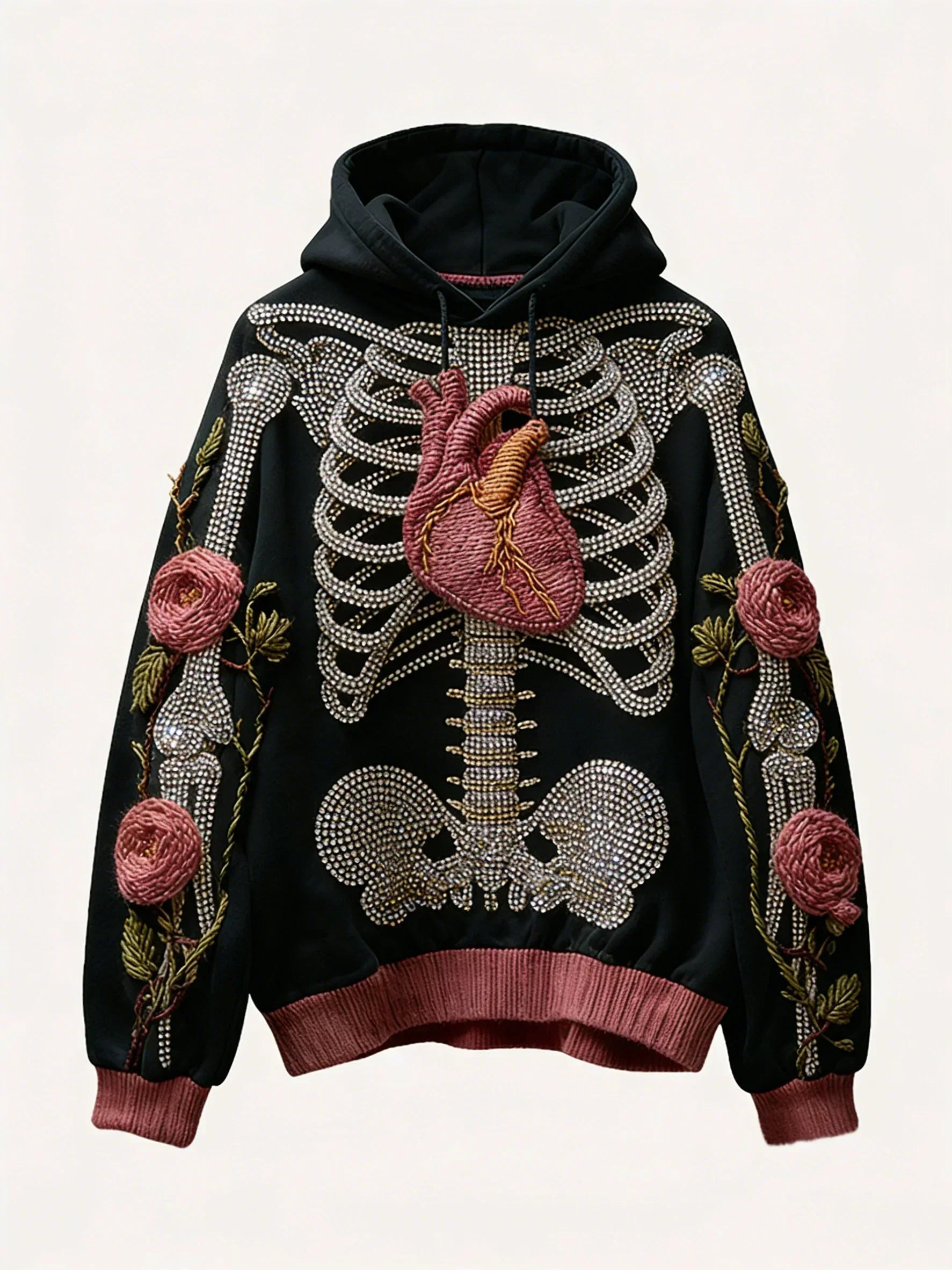 Black hoodie with 3D embroidered skeleton, heart, and floral rose details, relaxed fit.