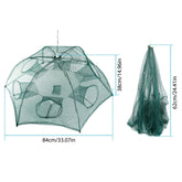 Green mesh folding fishing trap with circular openings, umbrella-shaped, shown folded and open.