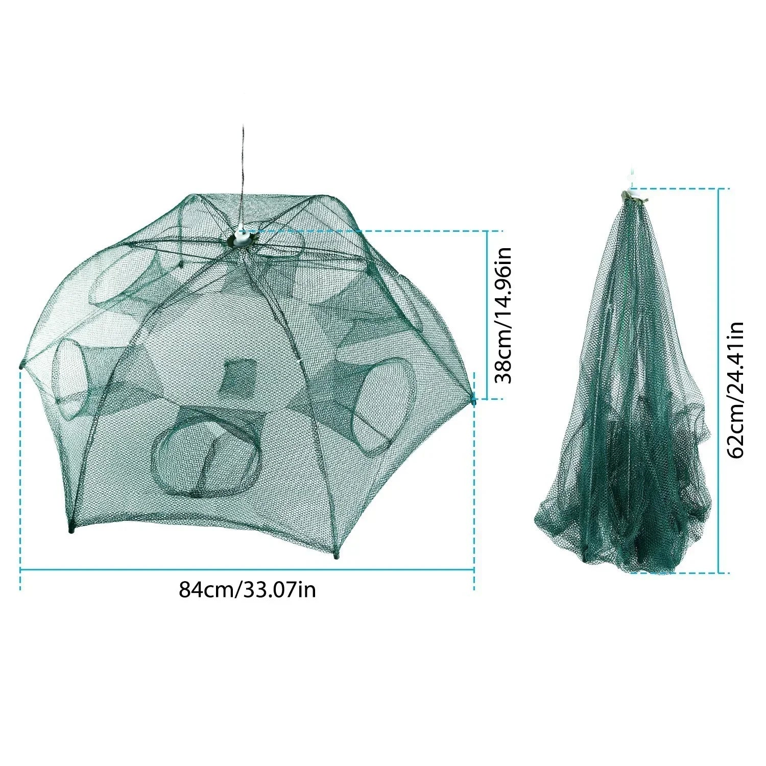 Green mesh folding fishing trap with circular openings, umbrella-shaped, shown folded and open.