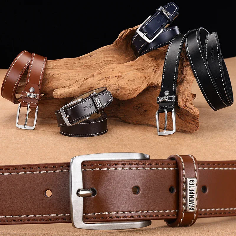 Men's leather belts in brown, black, and navy with contrast stitching and silver buckles