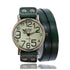 Vintage-style quartz watch with large dial and green leather wrap strap