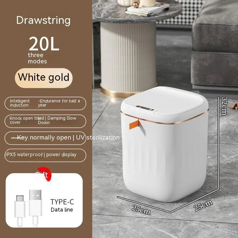 White and gold 20L smart trash bin with drawstring, square design, USB Type-C, UV sterilization, waterproof, in modern living room setting.