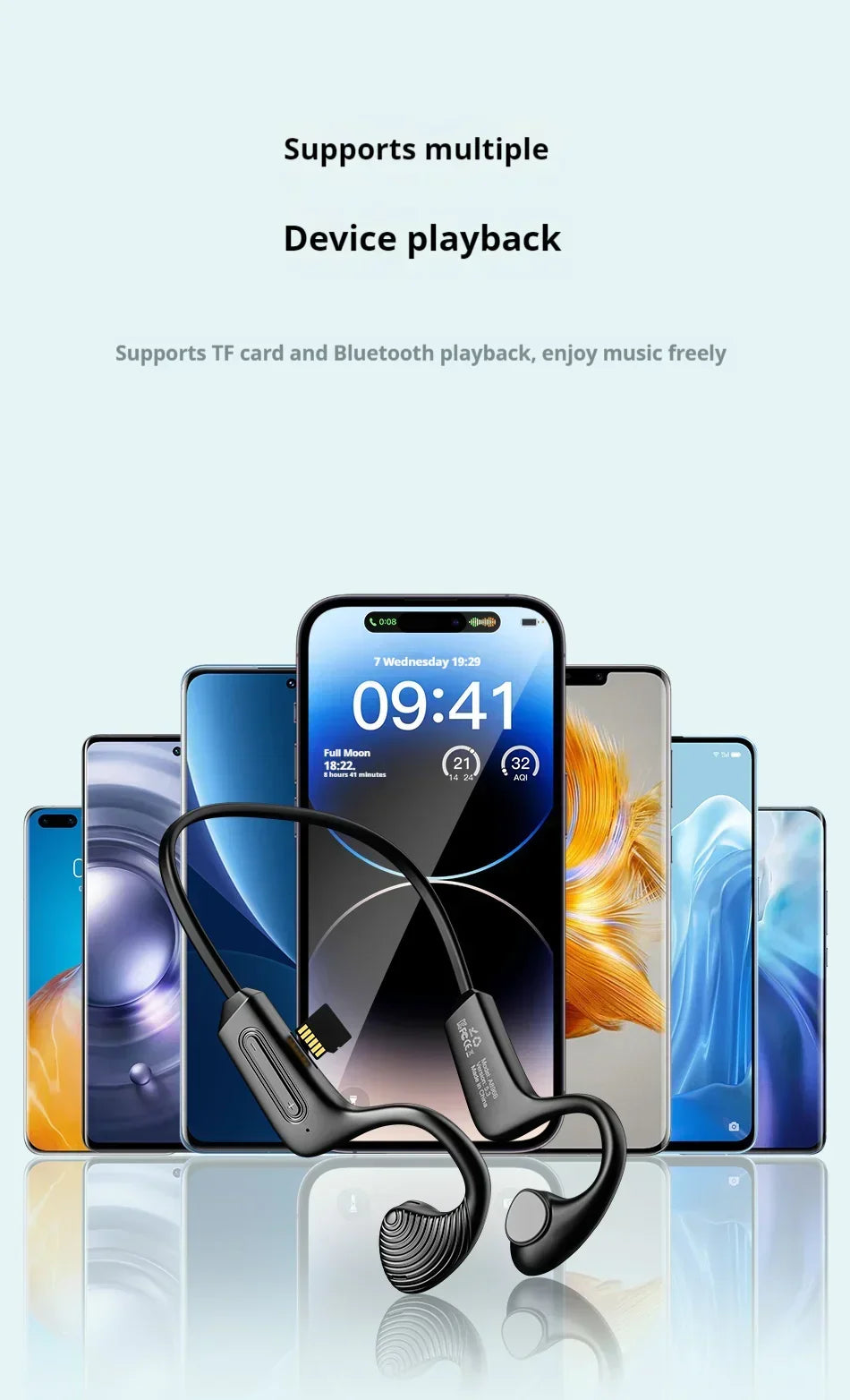 Black wireless bone conduction headphones with flexible band, shown in front of multiple smartphones.