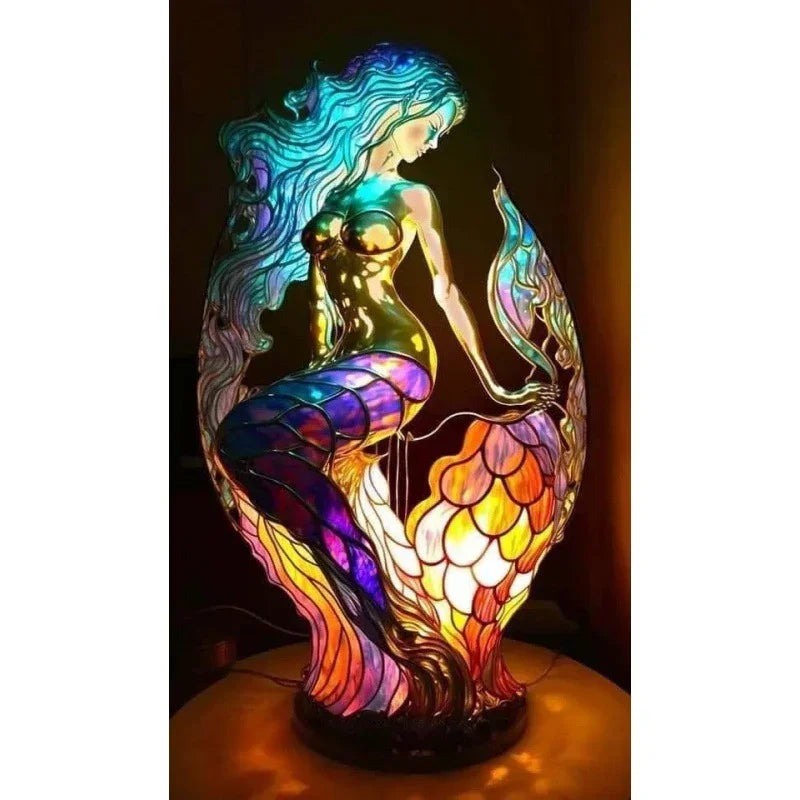 Stained glass mermaid lamp with vibrant multicolor luminous finish, artistic decor piece