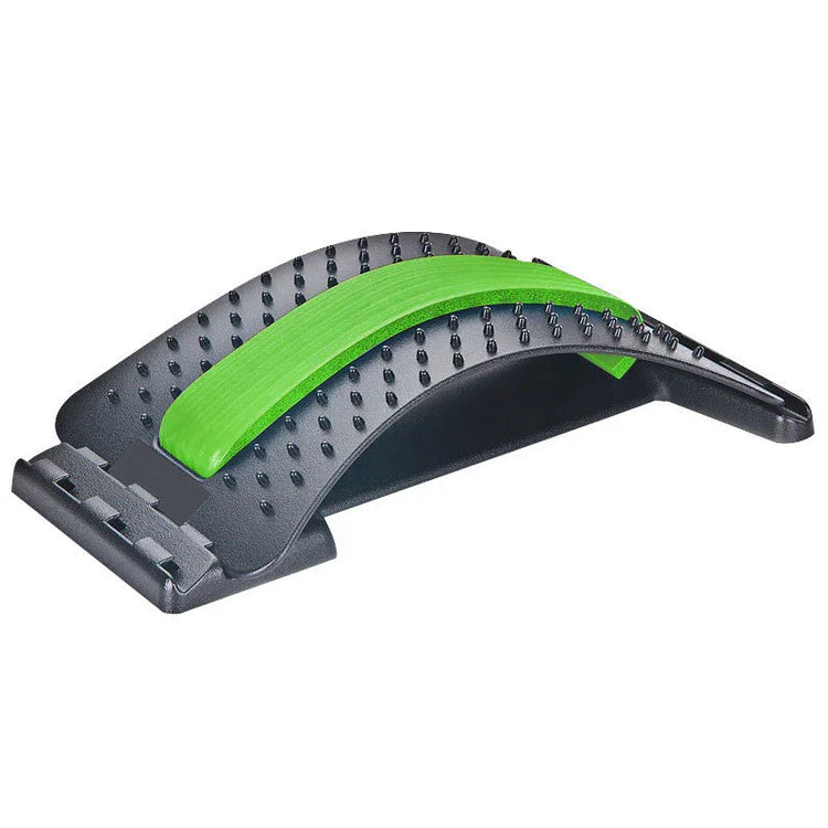 Black and green adjustable back stretcher with textured surface for lumbar support