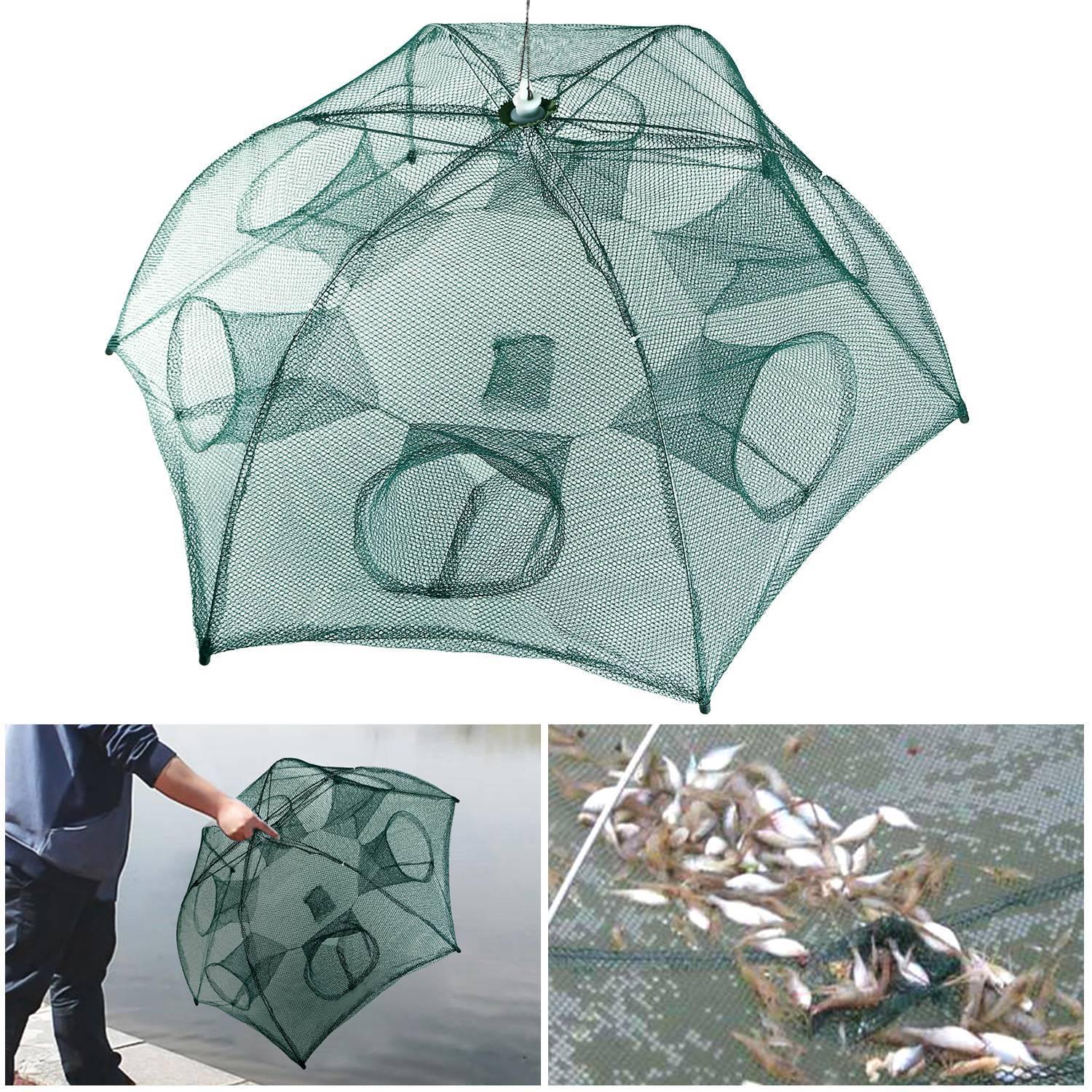 Green mesh collapsible fishing trap with multiple entry holes, shown in use by water