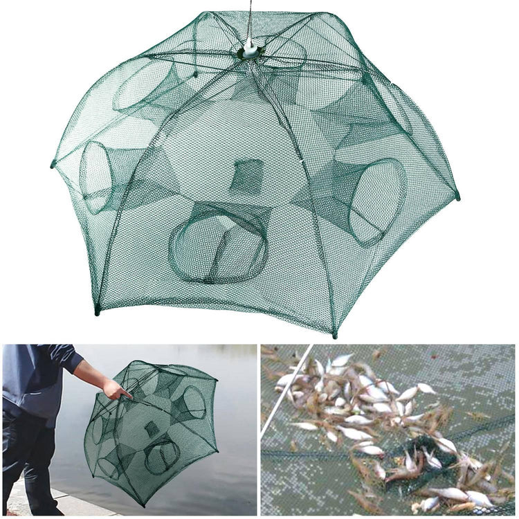 Green mesh collapsible fishing trap with multiple entry holes, shown in use by water