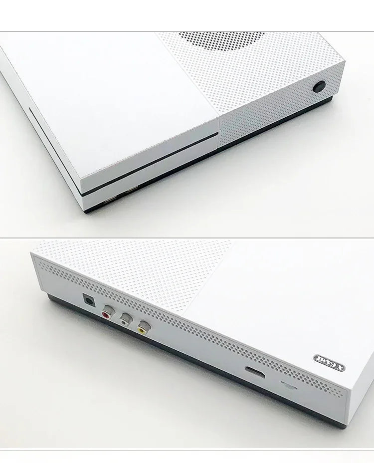 White tech device with sleek design, perforated surface, and multiple rear input ports