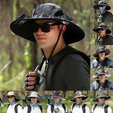Wide-brimmed hiking hats with built-in solar fans, various colors, lightweight fit