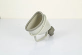Gray silicone funnel with ergonomic handle and angled spout, simple design on white background