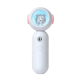 Handheld white electronic device with round top, blue screen, and cartoon bear inside
