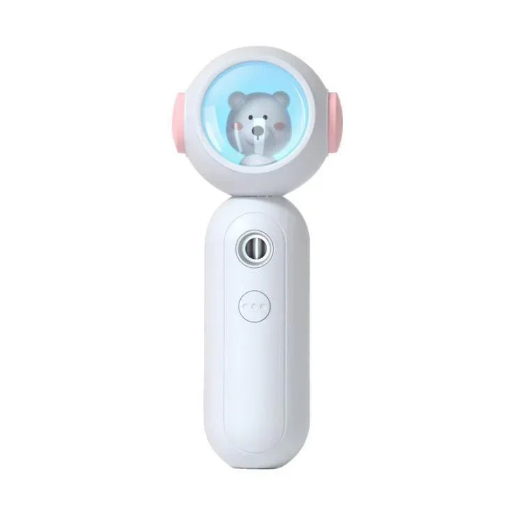 Handheld white electronic device with round top, blue screen, and cartoon bear inside