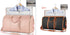 Travel duffel bags in pink and black with leather trim, shown with garment holder and toiletry pouch.
