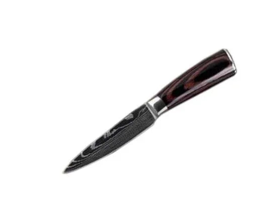Black and silver Damascus steel paring knife with dark wood handle on white background