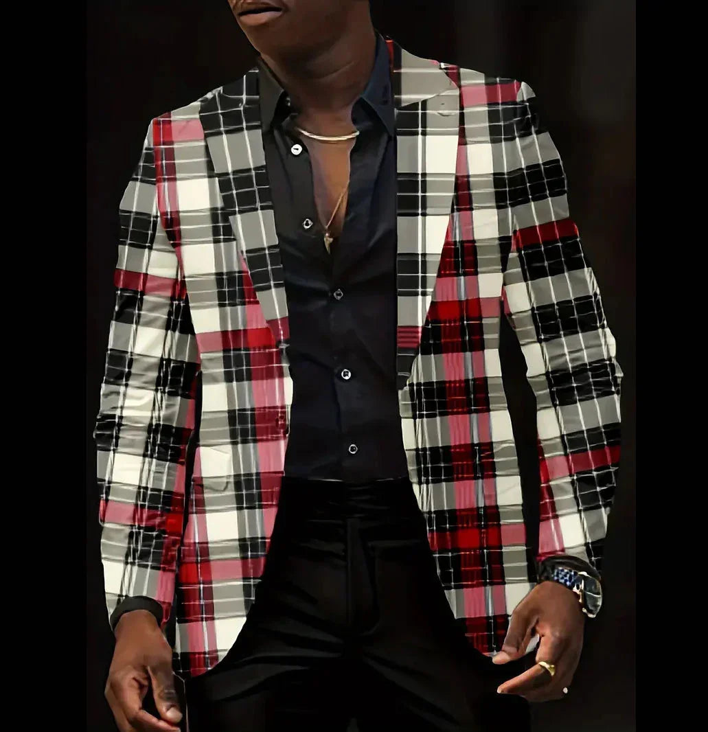 Men's tailored blazer with red, black, and white plaid pattern, slim fit, worn over black shirt
