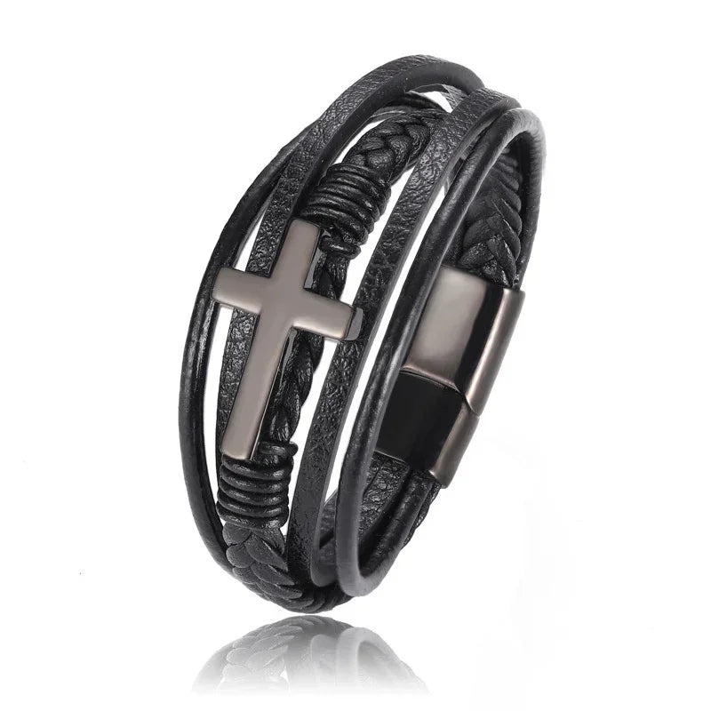 Black leather bracelet with braided details and metallic cross accent, adjustable fit