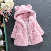 Pink faux fur hooded coat with bear ears, plush texture, relaxed fit, and front pockets