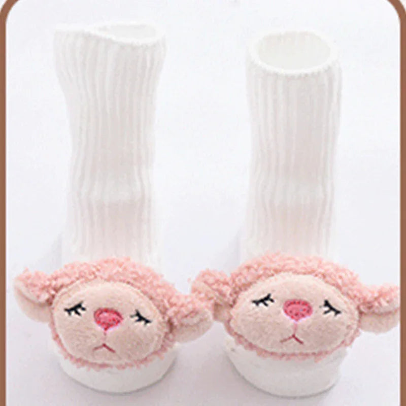 White ribbed baby socks with pink plush animal faces, soft material, cozy fit, cute design