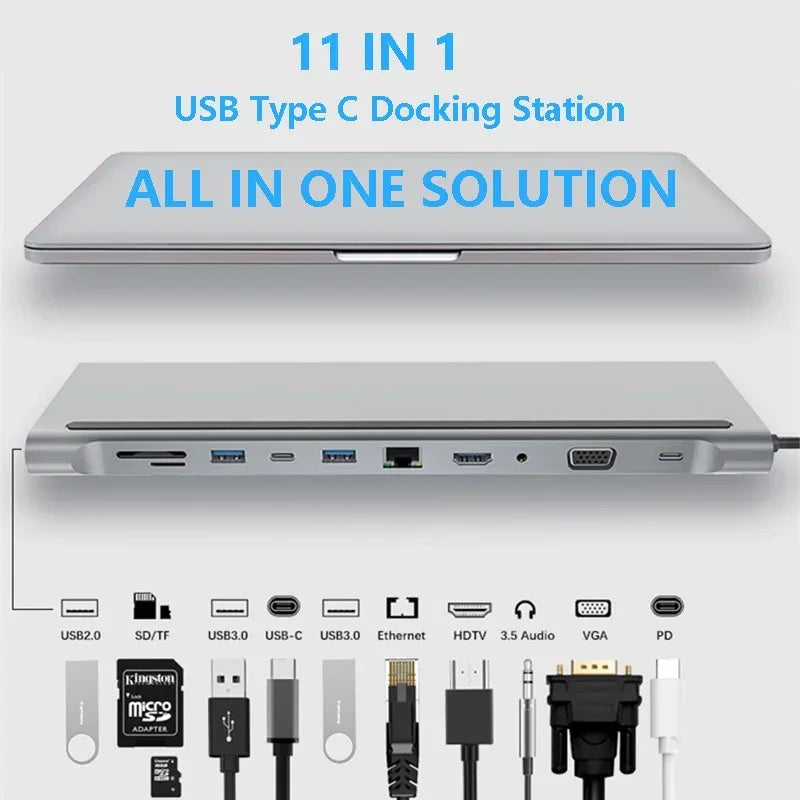 Slim silver USB Type C docking station with multiple ports including USB, HDMI, Ethernet, and audio jacks.