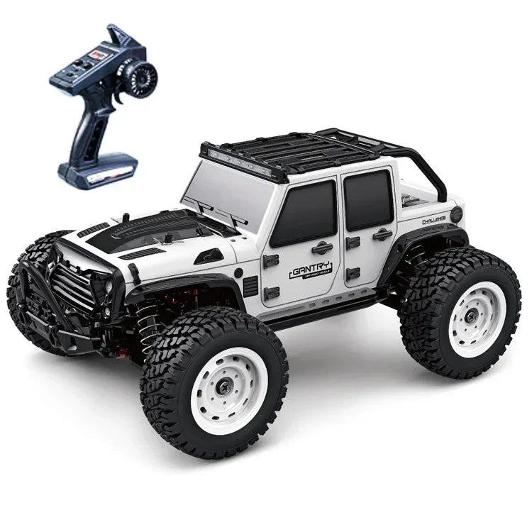 White remote-controlled off-road truck with rugged tires and black roof rack, shown with controller.