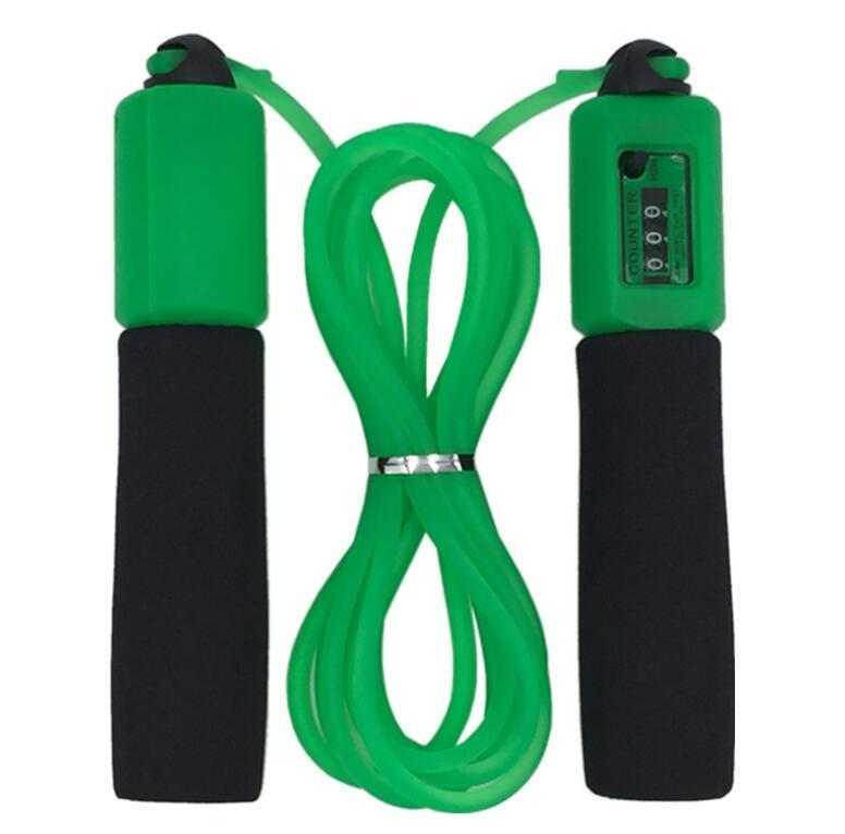Green jump rope with black foam handles and built-in counter, fitness accessory
