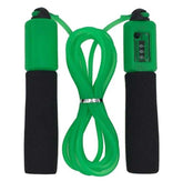 Green jump rope with black foam handles and built-in counter, fitness accessory