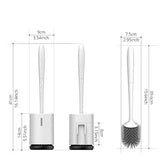 White silicone toilet brush with holder, slim modern design, shown with measurements