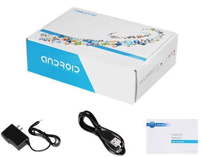 Android tablet package with power adapter, USB cable, and instruction manual