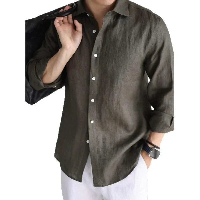 Men's relaxed fit olive green linen shirt with button-up front and long sleeves