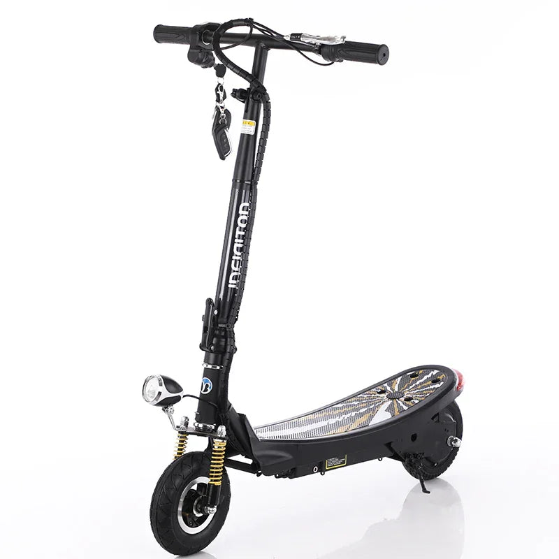 Black electric scooter with wide deck, front suspension, and handlebar key fobs on white background.
