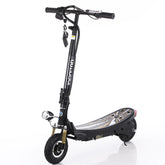 Black electric scooter with wide deck, front suspension, and handlebar key fobs on white background.