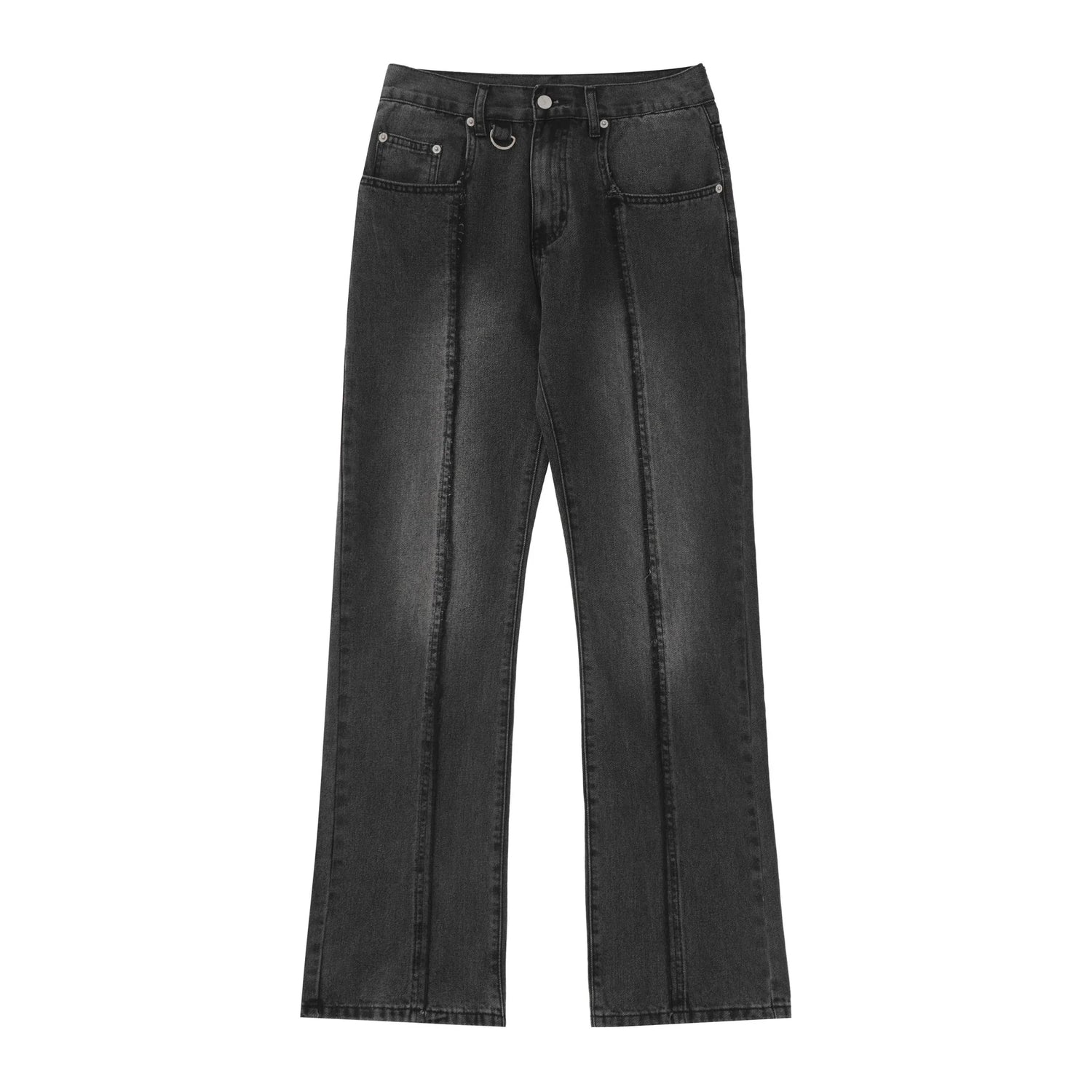 Straight leg black denim jeans with front seam detail and relaxed fit