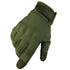 Olive green tactical glove with reinforced knuckles, adjustable wrist strap, and ergonomic fit