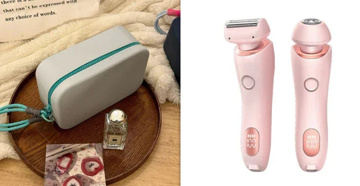 Light pink cordless electric shaver set with ergonomic design and waterproof storage pouch