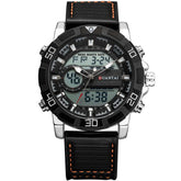 Black leather strap digital analog watch with silver case and orange stitching, sporty style