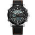 Black leather strap digital analog watch with silver case and orange stitching, sporty style