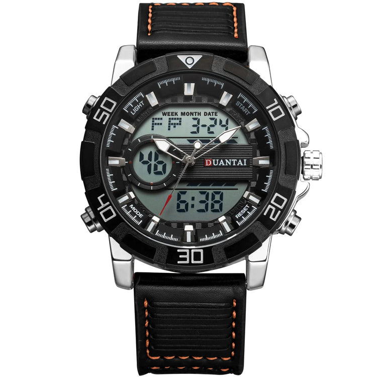 Black leather strap digital analog watch with silver case and orange stitching, sporty style