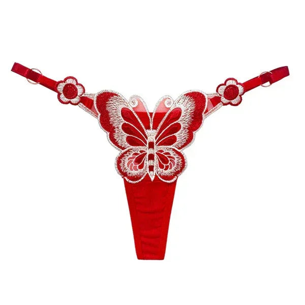 Red butterfly lace thong with floral embroidery and adjustable straps, feminine fit